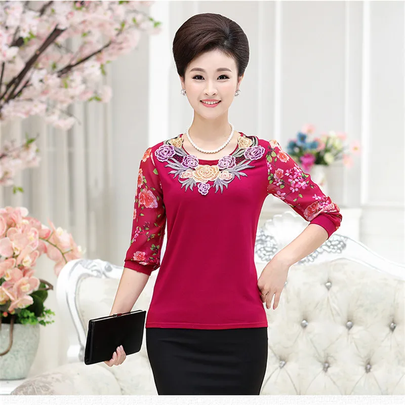 Spring Summer Women Tee Shirts Chiffon Sleeve Knitting T-Shirt Embroidery Collar Tops Shirts Blusa Mother Clothing Feminina