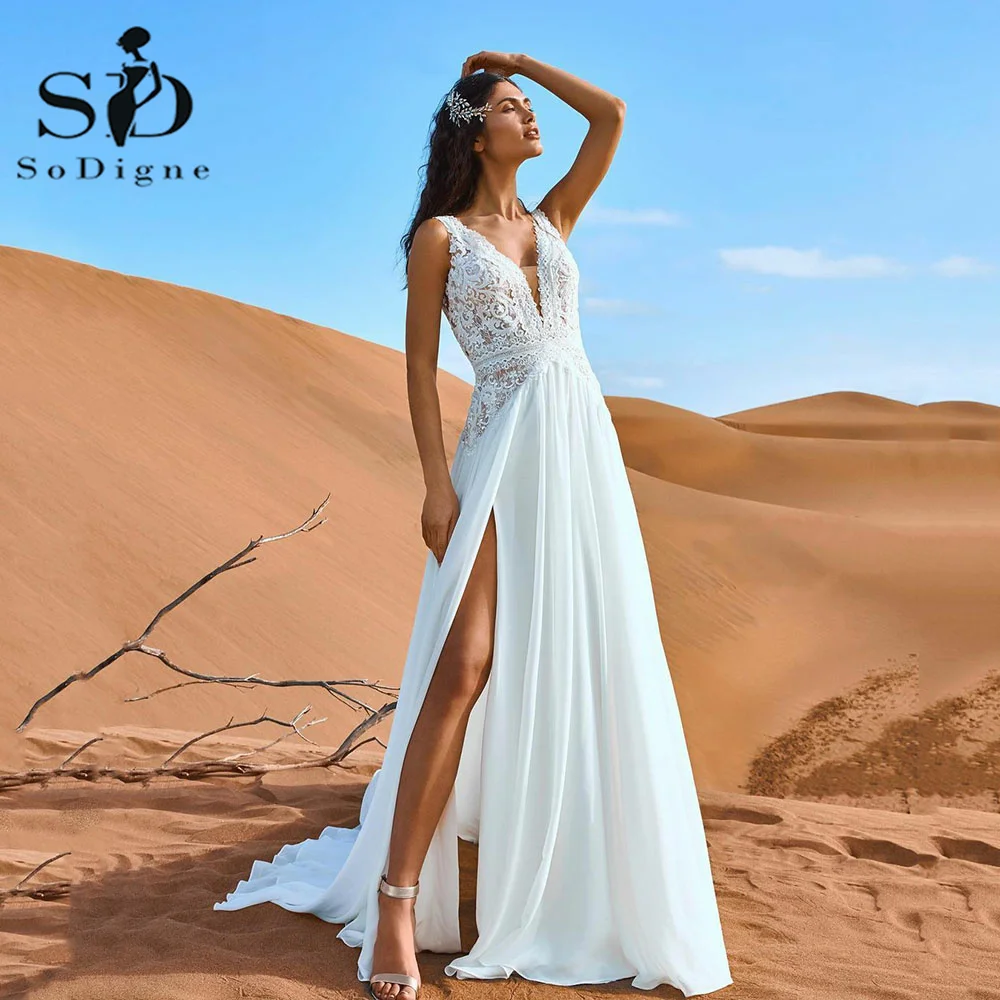 Sodigne simples boho vestidos de casamento sexy sem costas rendas apliques com decote em v vestidos de noiva das mulheres chiffon vestido de festa de casamento