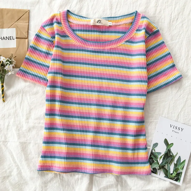 Short Sleeve T-shirts Women Lovely Slim Chic Soft Ulzzang Summer Ladies Crop Top Striped All-match Casual Popular Femme Tees Ins