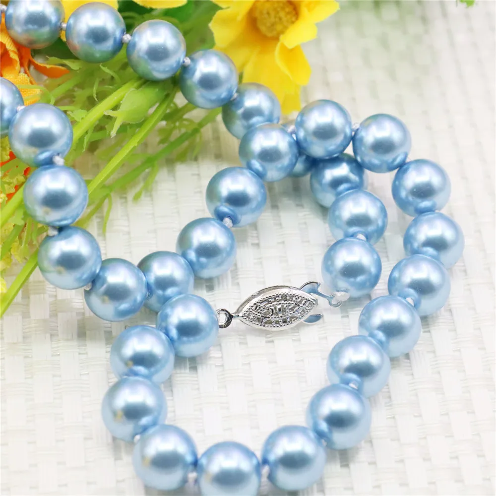 10mm Round Sky Blue Pearl Shell Necklace Women Girls Hand Made Jewelry Making Design Fashion Accessory Gifts For Mother