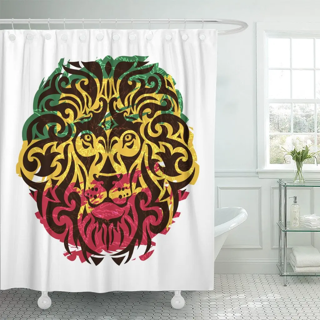 Green African Rasta Lion Head on Red Bandana Beads Shower Curtain Waterproof Fabric 60 x 72 Inches Set with Hooks