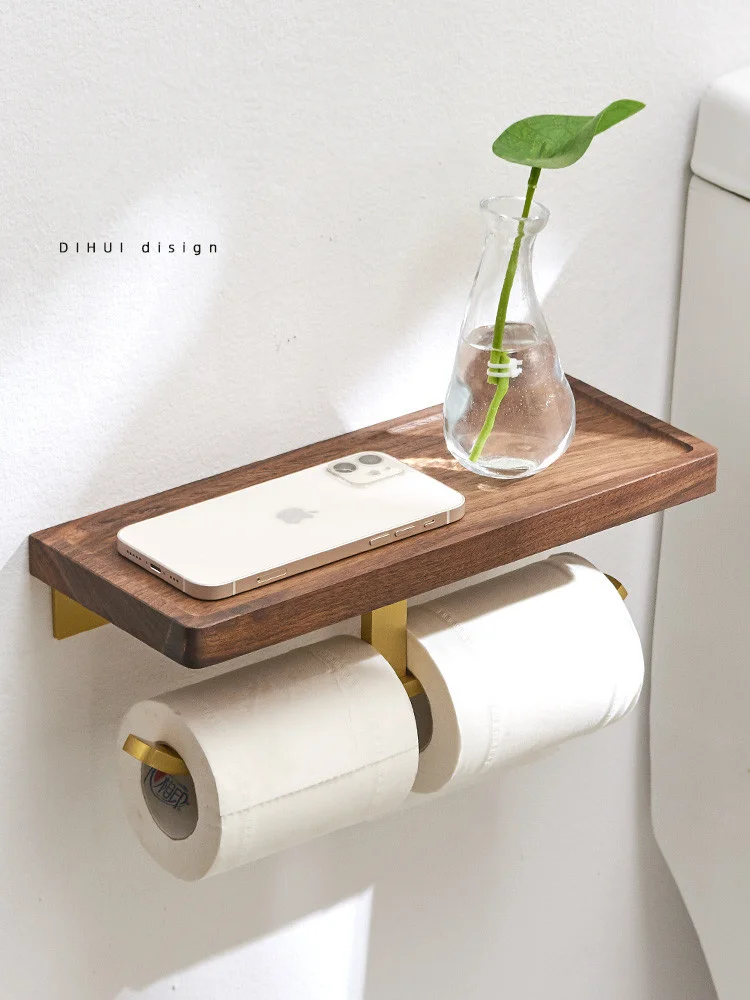 

Bathroom Paper Holder & Shelf Soild Aluminum & Walnut Bath Mobile Phone Towel Toilet Tissue Rack With Hook Wall Mount New Arriva