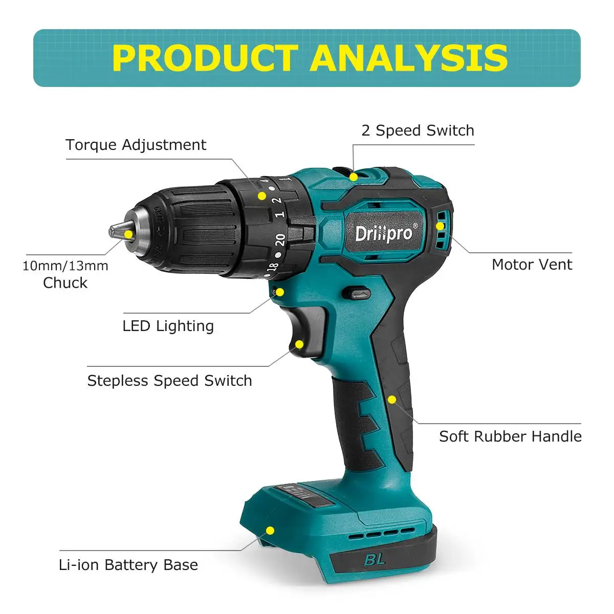 10mm 13mm Brushless Impact Drill High-Power Electric Drill Dual Speed 20+3 Torque Screwdriver Power Tool for Makita 18V Battery