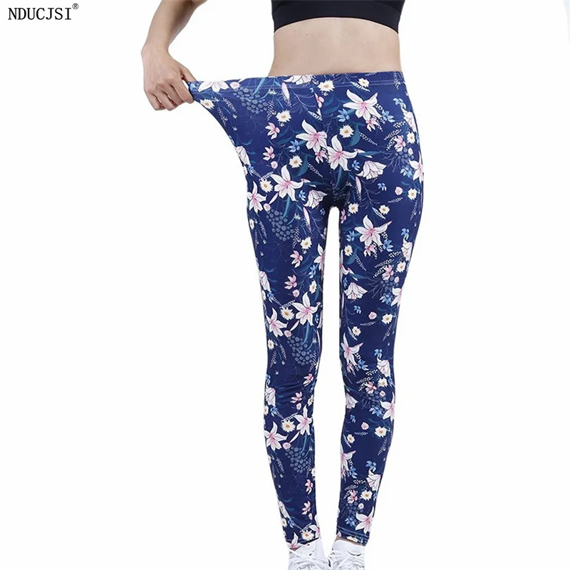 NDUCJSI Women Leggings Flower Printing Sport Girl Gym Leggins Jogging Tights Female Fitness Pants Polyester Fitness Elastic