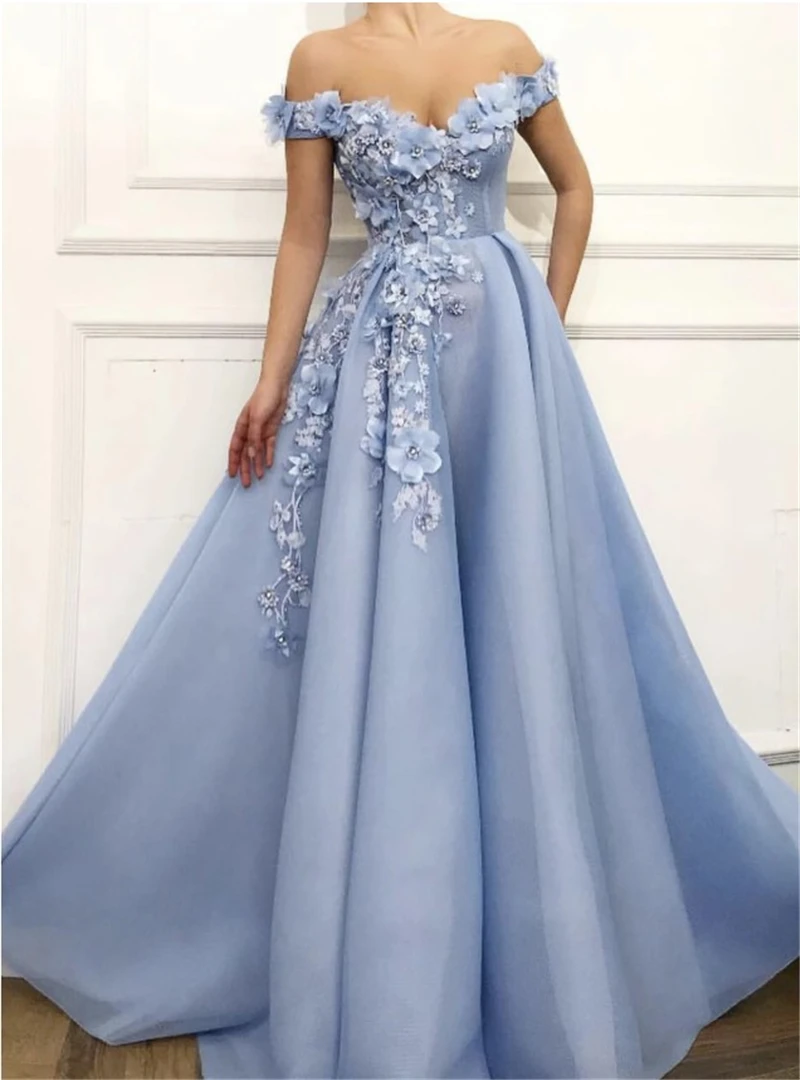 LORIE Baby Blue Princess Prom Dresses Off the Shoulder 3D Flowers Elegant Evening Gown Formal Party Dress Plus Size Customized