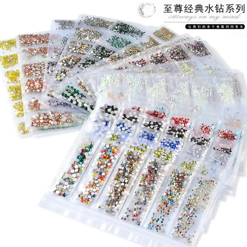 6 Grids/set  Multi-size Multi-color Flat Back Gems Round Crystal Rhinestones Nail Face Art Rhistone Shape Nail Art T1654