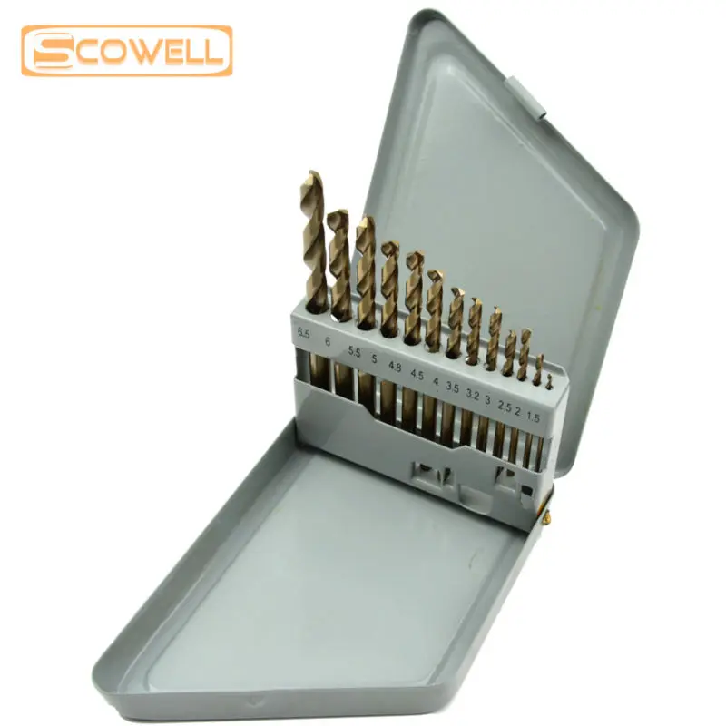 SCOWELL 13PCS HCO M35 Twist Drill Bits Stainless Steel Drilling Bit Kit 1.5mm to 6.5mm Cobalt 5% Stainless Steel Jobber Drills