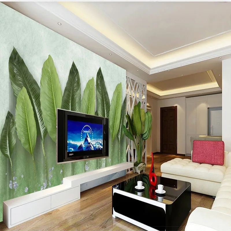 Modern Simple Watercolor Hand Painted Green Leaf Sofa Tv Background  Decor Self-Adhesive Waterproof Canvas Wall Covering Sticker
