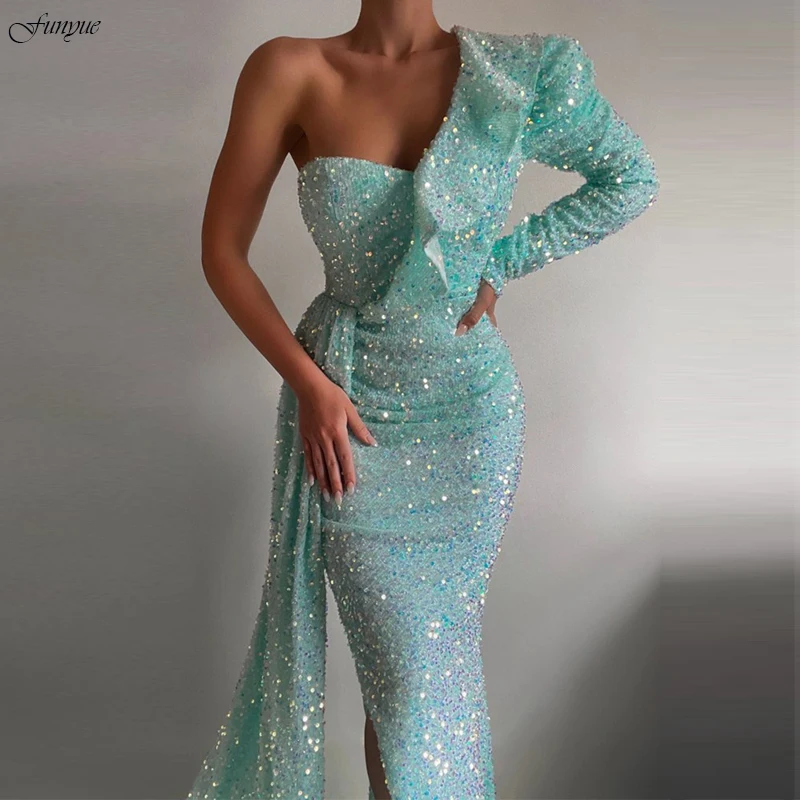 

Sparkling Sequin Mint Mermaid Formal Evening Gowns Long Sleeves 2022 One Shoulder Sexy Slit Prom Dresses Vestido De Festa Longo