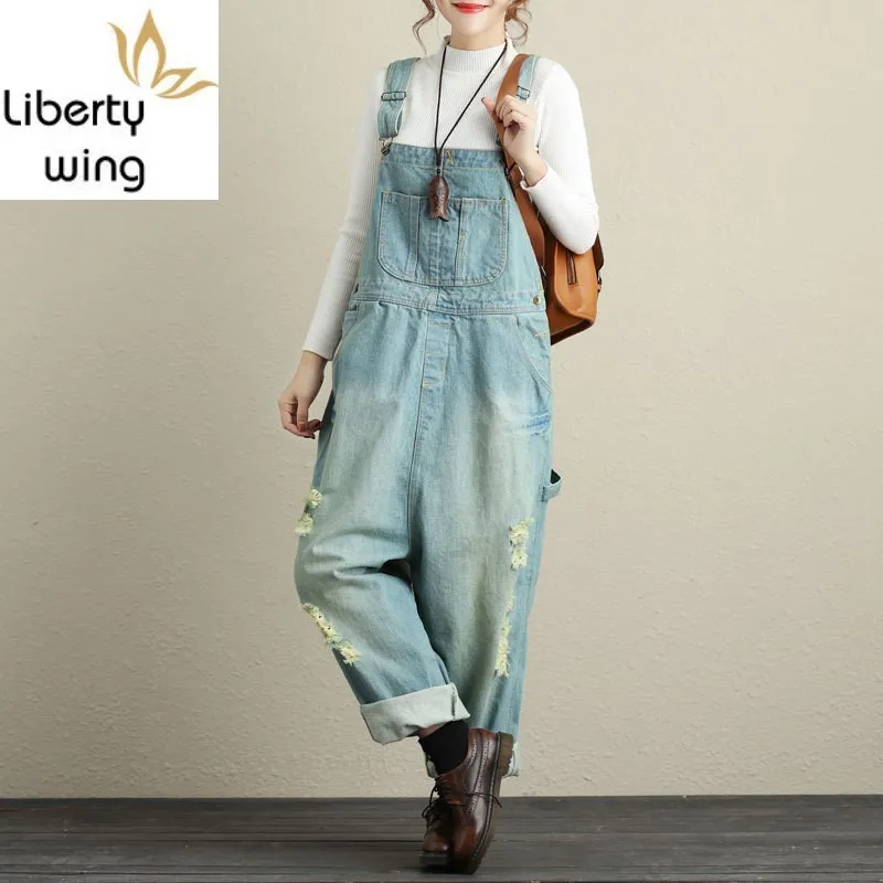 

Classic Ripped Light Blue Denim Overalls for Women Casual Loose Rompers Womens Jumpsuit Plus Size Wide Leg Pockets Baggy Pants