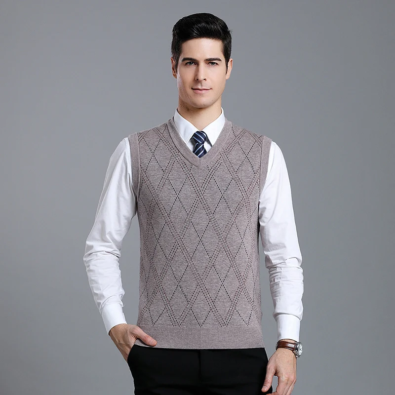 

High Quality Winter Argyle Men's Slim Fit Sleeveless 100% Cashmere Wool Knitting Pullover Casual Vest V-neck Sweater