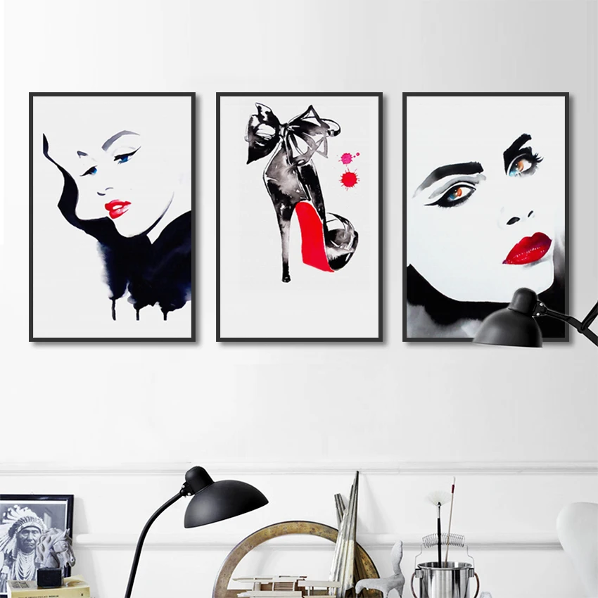 Nordic black and white color print canvas painting red lips beauty high heel fashion poster home decoration wall art decoration