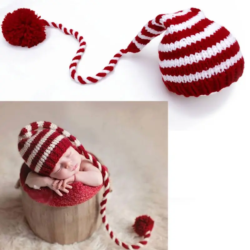 Baby knitting Long Tails Christmas Hat Newborn Photography Props  Stripe Crochet Baby Hats Baby Props For Photography #905