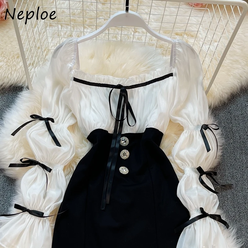 Neploe Elegant Hollow Out Backless Bow Drawstring Belt Vestidos Woman Square Collar Patchwork Button Hip Slim Dress Ladies Robe