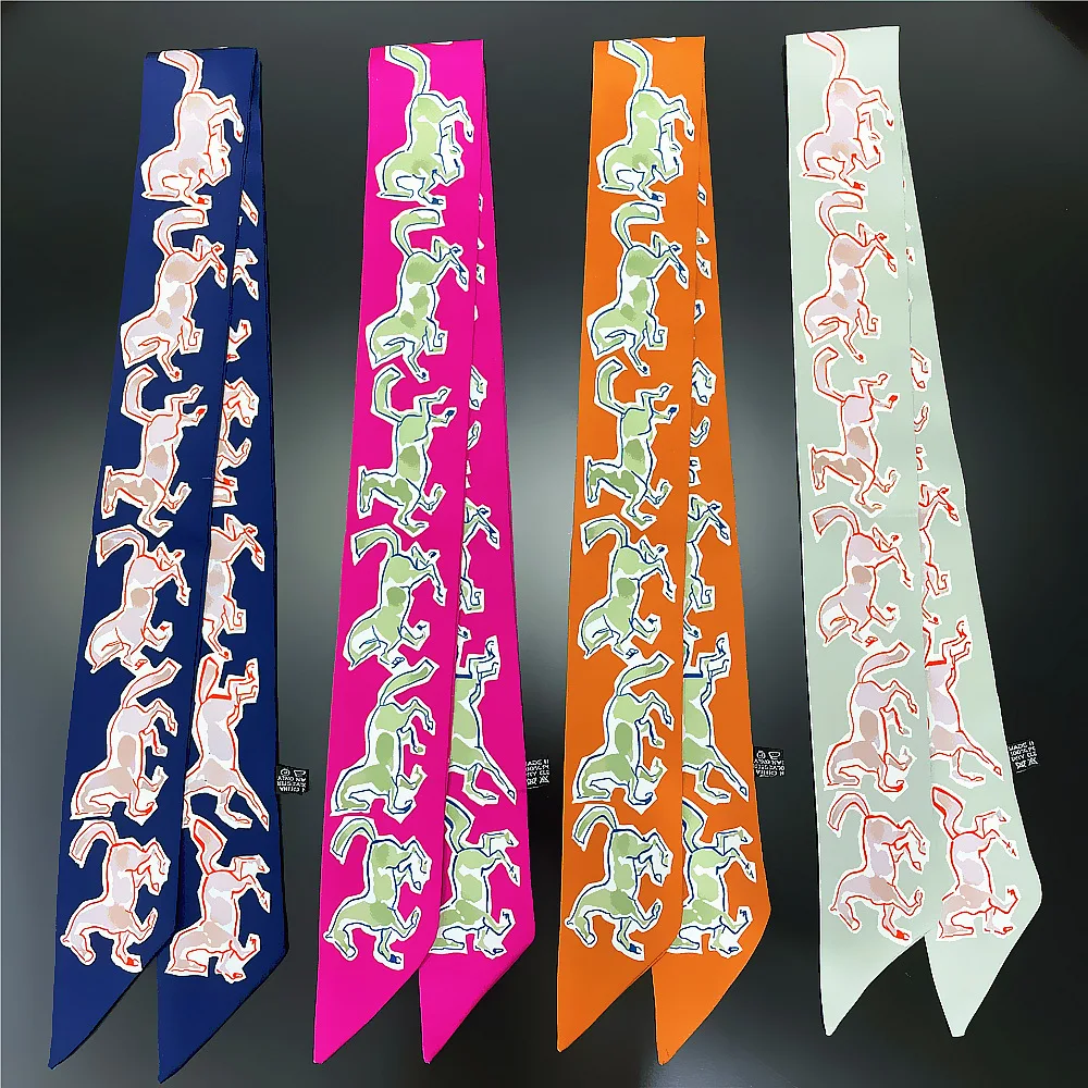 Fashion Women Scarf  Brand Design Luxury Silk Scarf Fashion Horse Print Hair Headband Skinny Bag Scarves Neckerchief