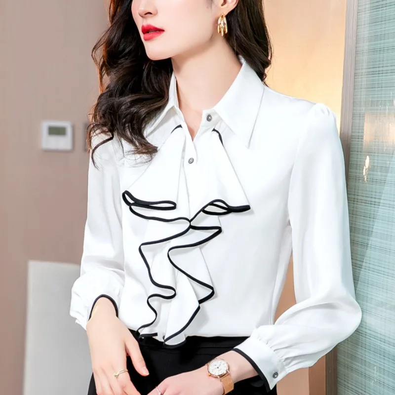 Women Elegant TuxedoTops Flounce Frill Blouses Satin Silk Long Sleeve Formal Business Office Lady Work Wear Shirts Female Blusas