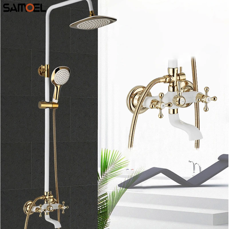 Modern Europe Style Brass White and Golden Shower Faucet Set Wall Mounted Dual Handle Shower Bath Mixer Tap ST341