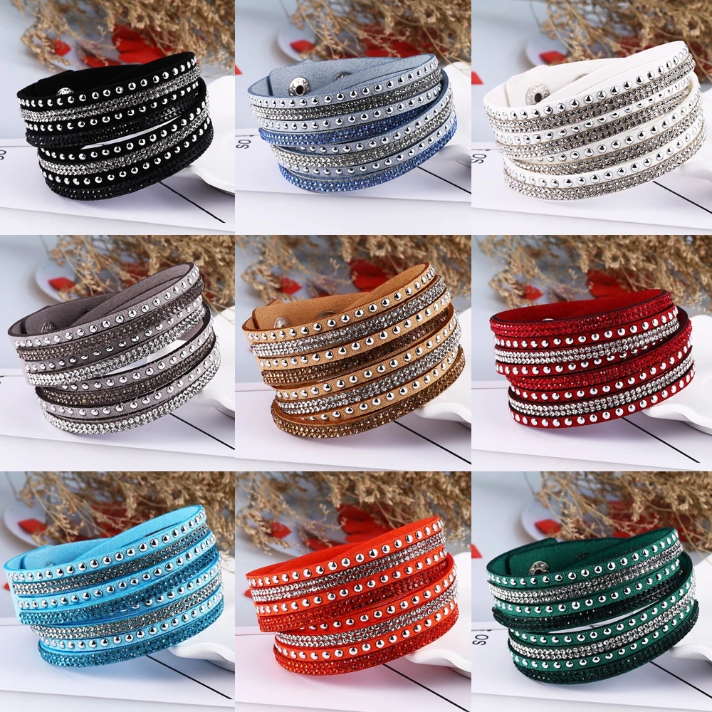 Leather Bracelet For Women Multi-layer Crystal Rhinestone Cuff Warp Charm Bracelets Bangles 2019 New Fashion Jewelry 17 Design