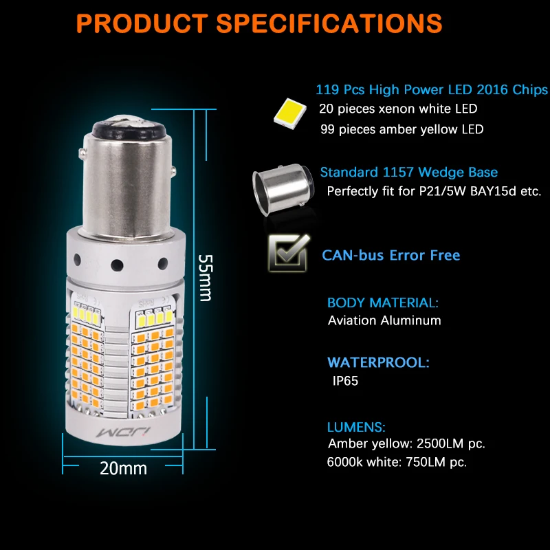Error Free Canbus Dual Color Switchback White/Amber 1157 P21/5W BAY15d LED Bulbs For Daytime Running Light DRL/Turn Signal Light view 4