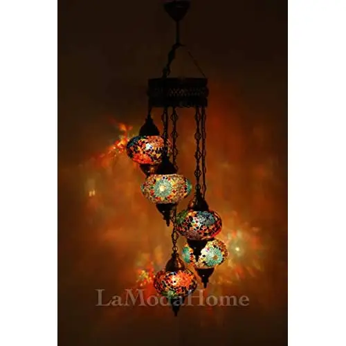 LaModaHome 40 + Unique Colors, 2020 Customizable Chandelier 5 Globes + Free 5 Bulbs, stunning Mosaic Turkish Lamp Moroccan Light