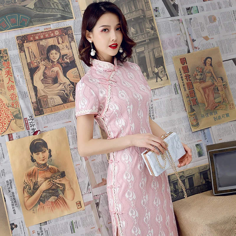 Vestido chino de encaje corto para mujer, Cheongsam moderno, Qipao, fiesta, Vintage, Ao Dai, elegante, alta calidad, 2020