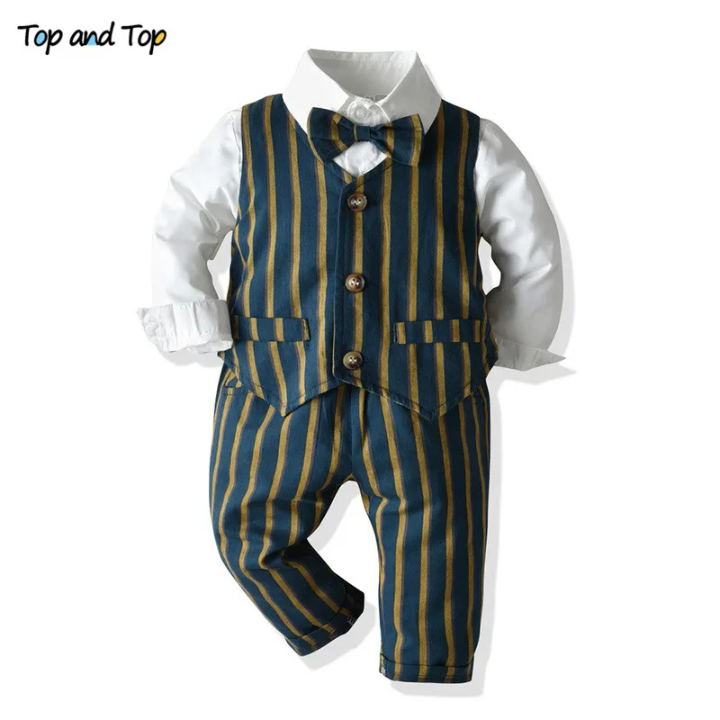 Top and Top Fashion Children Boys Casual Clothes Long Sleeve Bowtie White Shirt+Vest+Pants 3Pcs/set Kids Striped Gentleman Suits