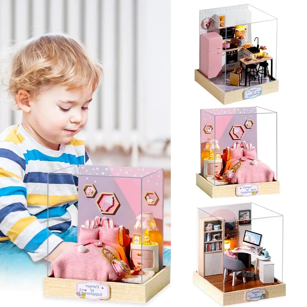 Cartoon DIY Miniature Dollhouse Wooden Furniture Kit Doll House Model Kids Girl Montessori DIY Toys for Children Christmas Gifts