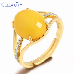 Cellacity Ethnic style Silver 925 Jewelry Big Oval Yellow Amber Ring for Women Gemstones Opening adjustable Anniversary Gift