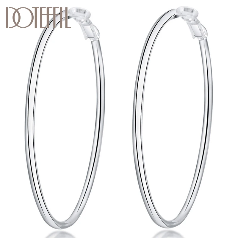 DOTEFFIL 925 Sterling Silver Smooth 50/60/70/80mm Round Circle Hoop Earrings For Women Fashion Charm Engagement Wedding Jewelry