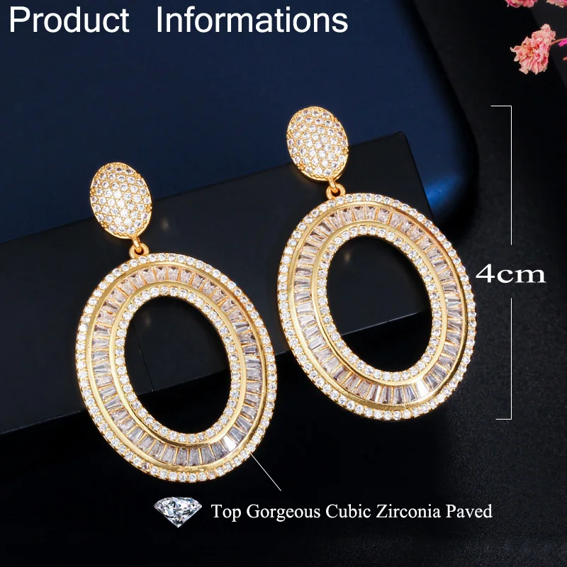 CWWZircons Full Cubic Zirconia Paved Glitter Yellow Gold Color Round Dangle Drop Earrings for Women Bridal Wedding Jewelry CZ598