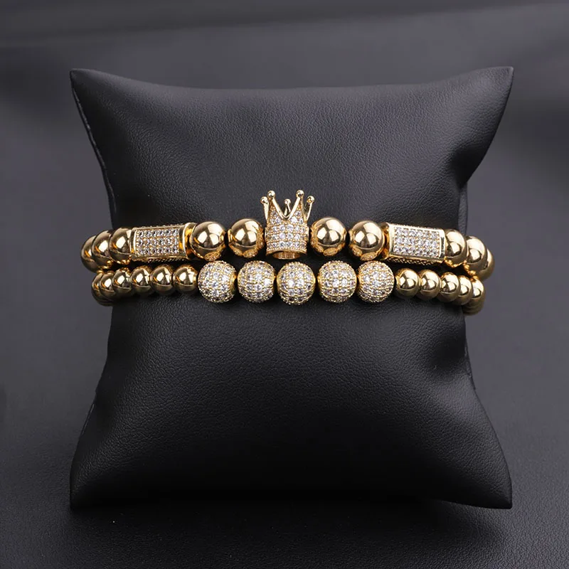 High Quality Luxury Men Women Jewelry CZ Micro Pave Ball Crown Charm Adjustable Beads Macrame Bracelet Set