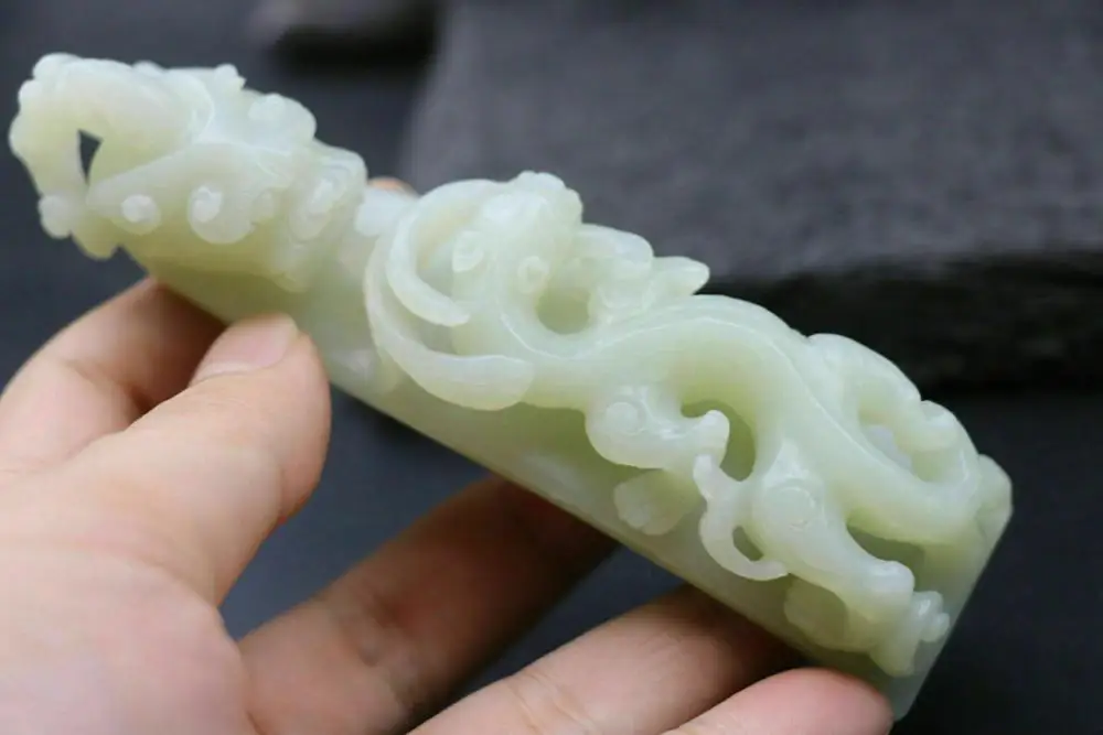 

Big Treasure Certificated Chinese Vintage Hetian Jade Dragon King Clothes Hook Carving FLZB Timestown 20201126A