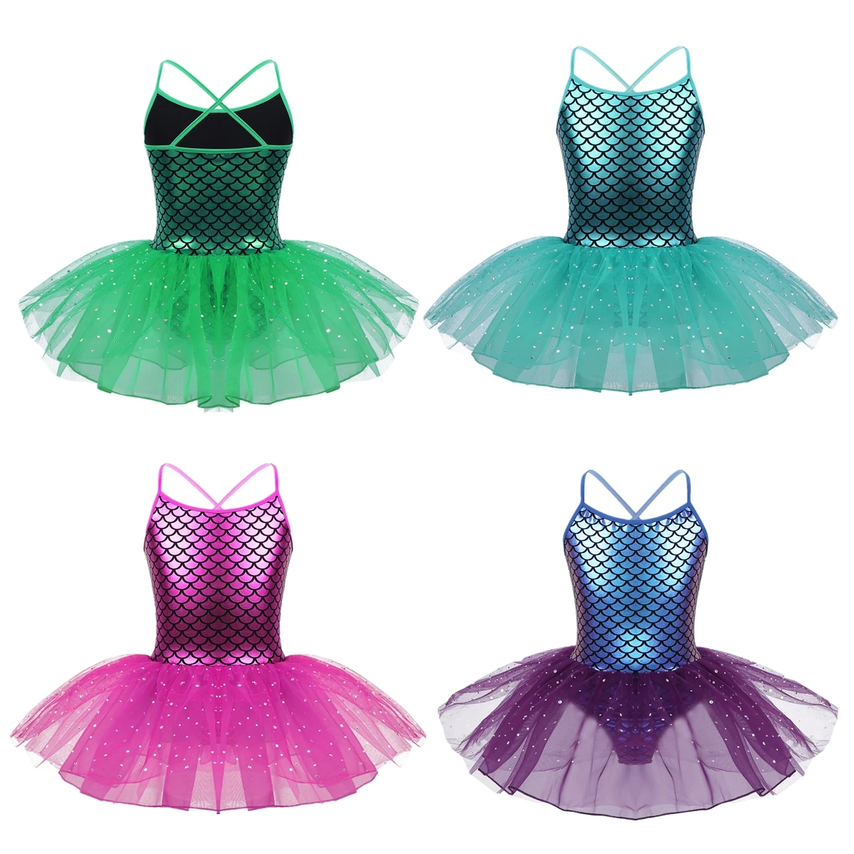 Kids Girls Glitter Mermaid Ballet Dance Dress Sleeveless Mesh Tutu Leotard Figure Skating Gymnastics Stage Performance Dancewear