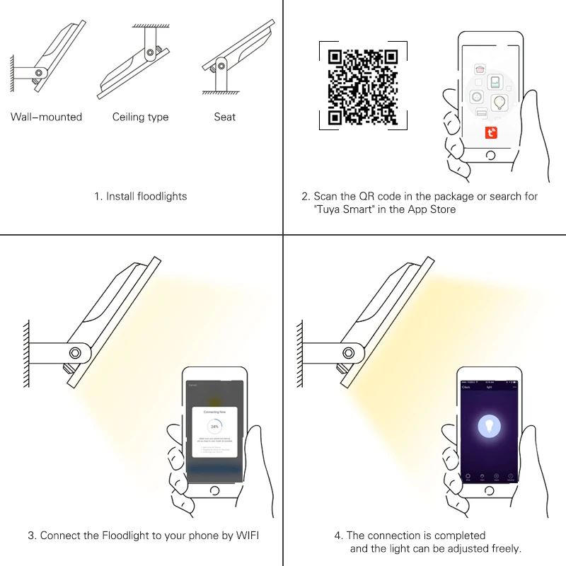 Refletor inteligente de luz led para jardim, 30w, 50w, 100w, ip66, iluminação quente, app inteligente de luz rgb, funciona com alexa, google tuya