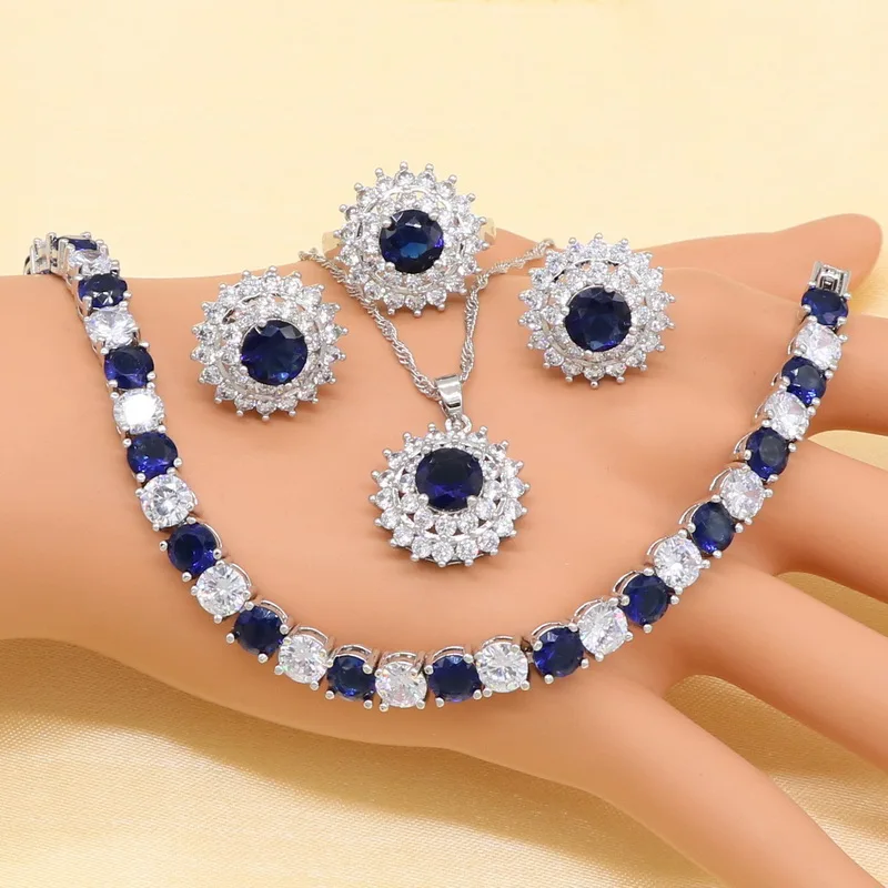 Royal Blue Semi-precious Crystal White Zirconia 925 Silver Bridal Jewelry Sets For Women Necklace Pendant Earrings Ring Bracelet