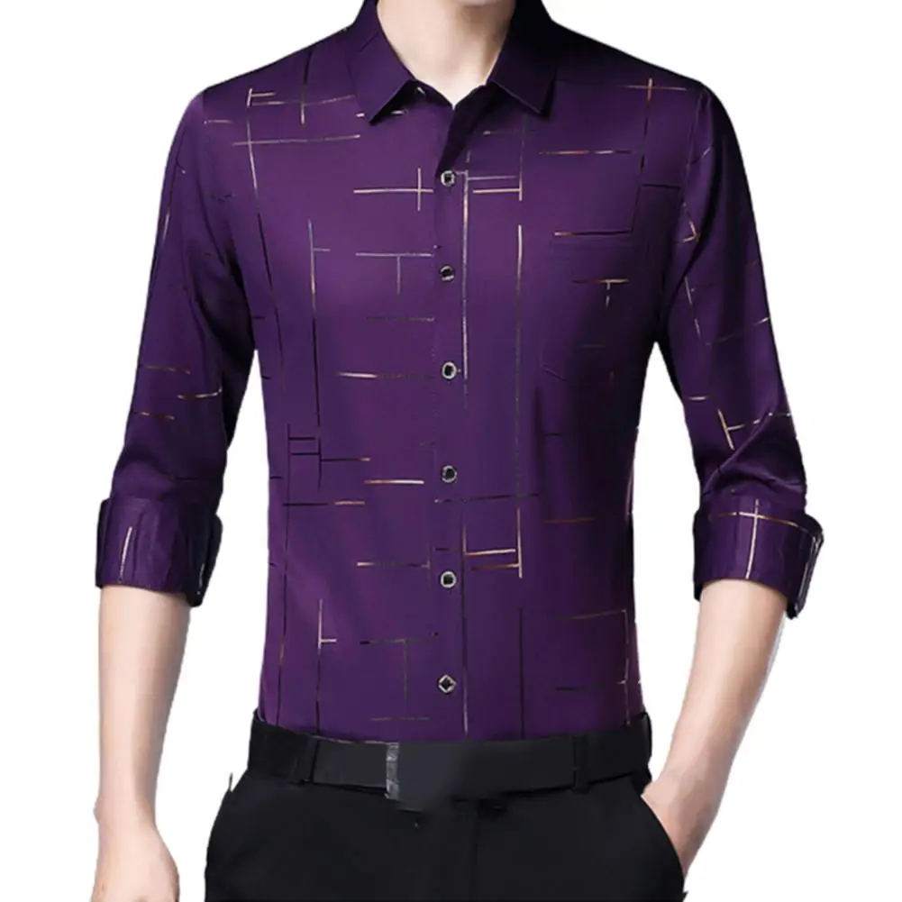 Men Dress Shirt Irregular Stripes Satin Single-breasted Turndown Collar Long Sleeve tops Office for Business