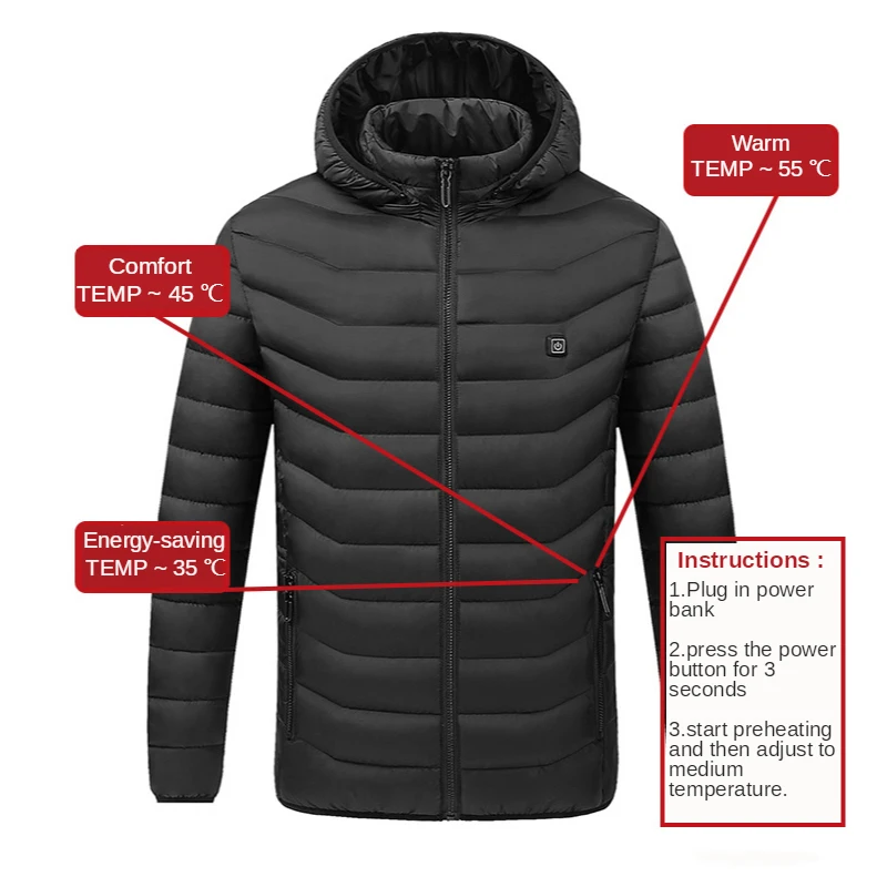 2/4/5/9 Areas Heated Jacket Men Winter Outdoor Smart Heating Cotton Women Electrical USB Heating Jacket For Camping  Waterproof