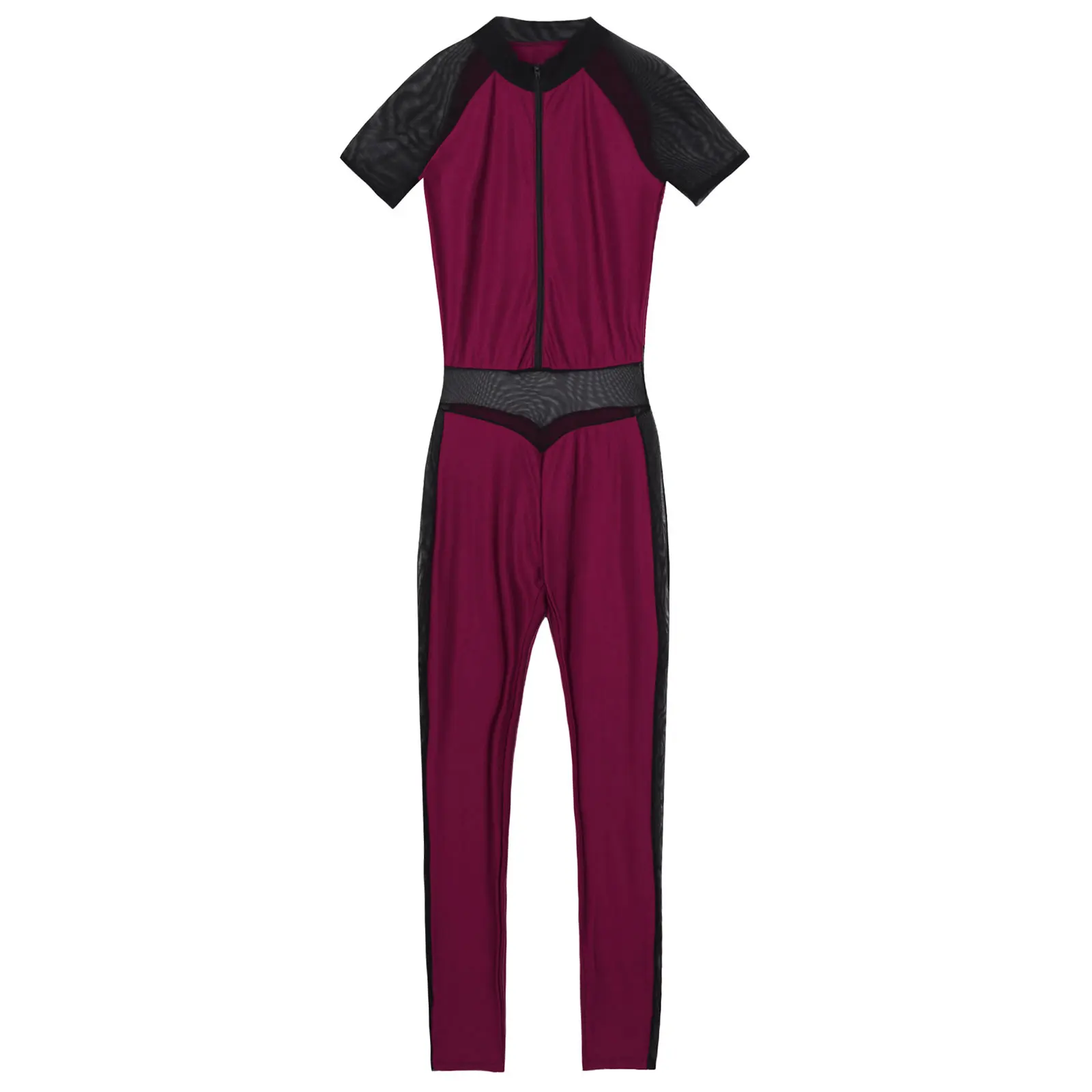Women Dance Wear Mesh Patchwork Bodycon Bodysuit Jumpsuit Sport Fitness Yoga Pants Unitards Gymnastics Leotard Ballet Costume