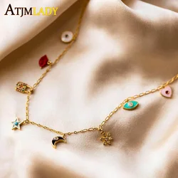 Enamel Cz Paved Minimal Flower Moon Star Kiss Heart Drop Cz Charm 35+10cm Choker Women Necklace Colorful Jewelry