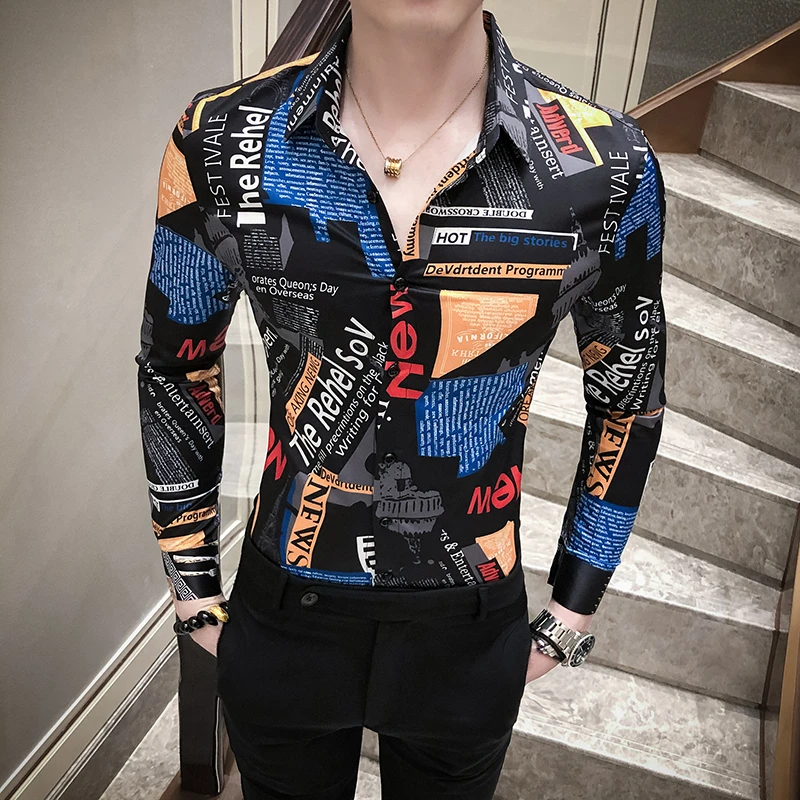 

Luxury 2020 New Printing Shirt Men Black White Kemeja Pria Long Sleeve Social Men Club Prom Shirt Camisa Masculina Chemise Homme
