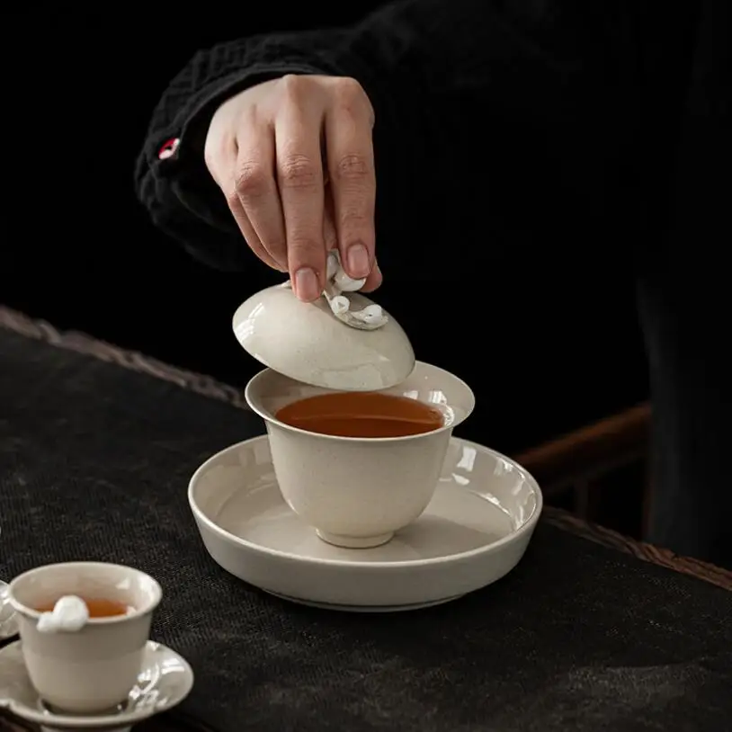 PINNY 150ML Retro Plant Ash Glaze Ceramic Gaiwan Hand Made Plum Blossom Chinese Kung Fu Tea Service Pigmented Drinkware