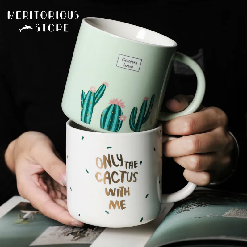 Beautiful 300ml Cute Cactus Mug Letter Ceramic Cups Nordic Simple Coffee Milk Mug with Handle Office Household Water Cup