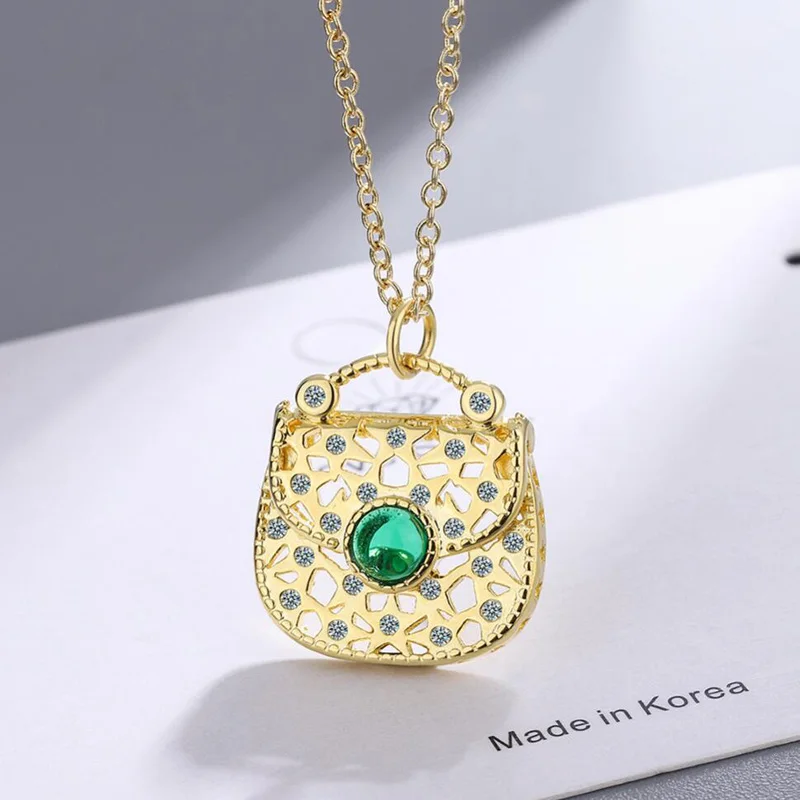 KOFSAC Creative Zircon Handbag Pendant Necklace Women Gold Color 925 Sterling Silver Jewelry Popular Lady Valentine's Day Gifts