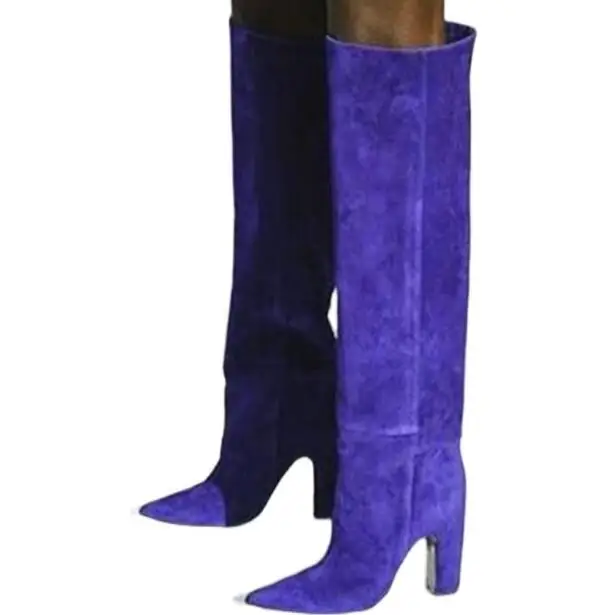 Violet Blue Brown Suede 80 mm Square Heels Loose Slip On Knee High Boots Woman Purple Pointed Toe Tube Long Botas Shoes Lady