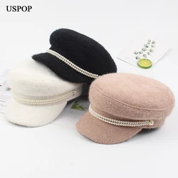 USPOP New winter caps women newsboy caps female pearl mink hair military caps vintage flat top thick warm hats