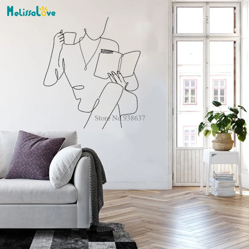 Reading with coffee One Line Art Minimalist Mordern Living Room Home Decor Removable Vinyl Wall Stickers BD656