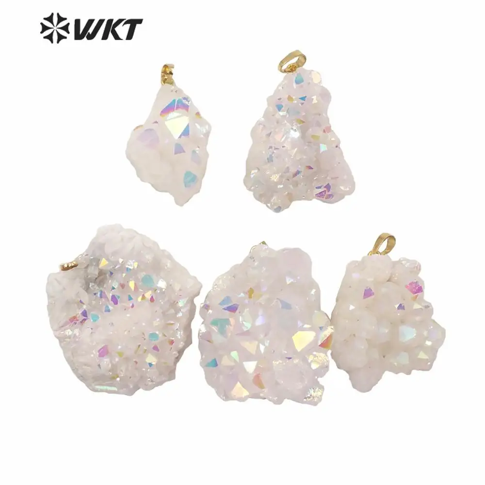 

WT-P1561 Wholesale One Single Hoop Druzy Cluster Quartz Angel Pendant Amazing Rainbow Natural Aura Cluster Quartz Pendant