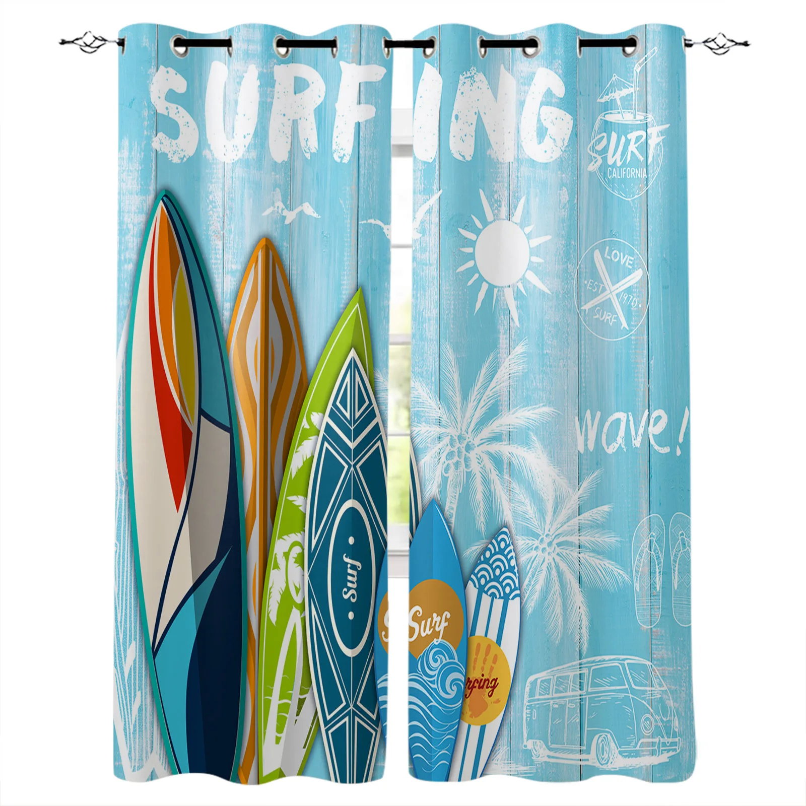 

Surfing Summer Palm Tree Wood Board Window Curtains for Living Room Bedroom Modern Curtains Home Decoration Kid Room Drapes