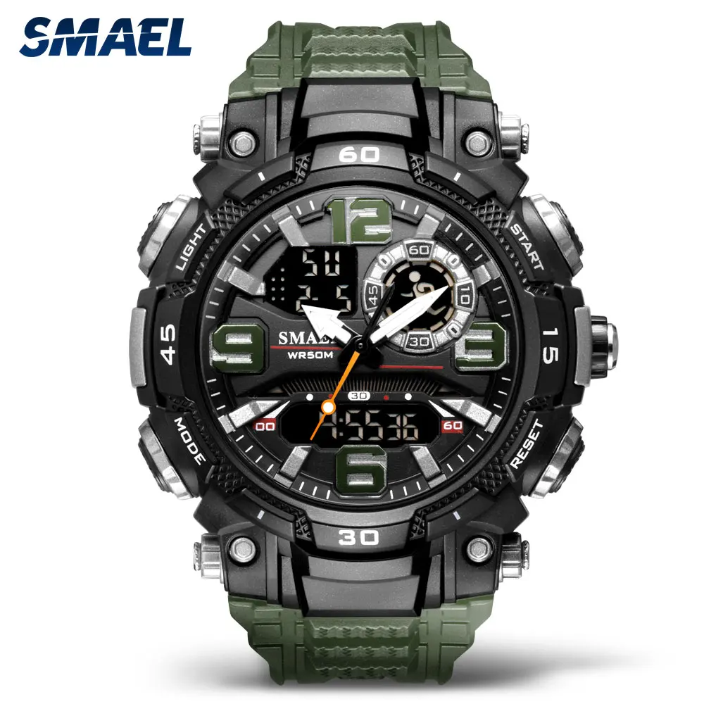 

SMAEL Olive Green Military Sport Watch for Men Luminous Waterproof Digital Watches Chronograph Quartz Stopwatch Man часы relogio