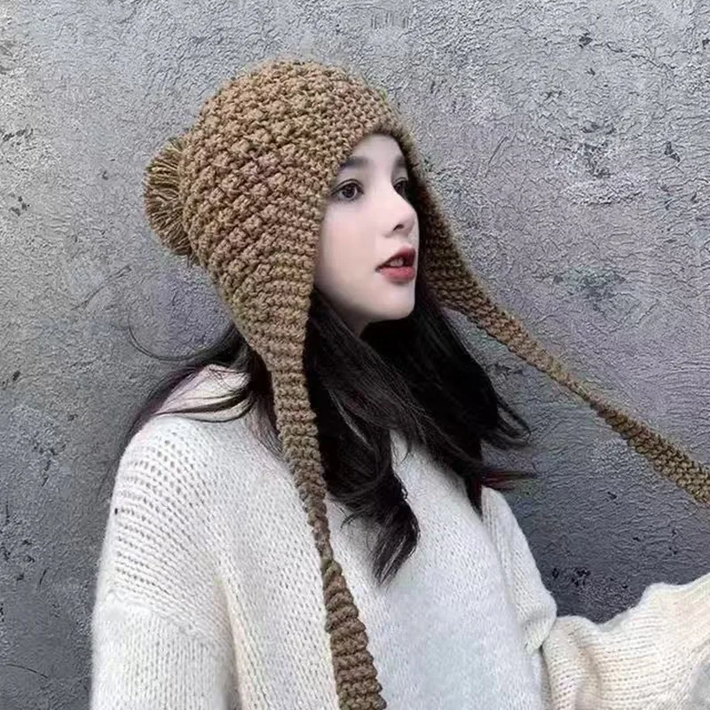 Winter Girl cute handmade Hollow Out design Knit hat Crochet Beanie cap with Braids New Female Folk Skullies Skullcap